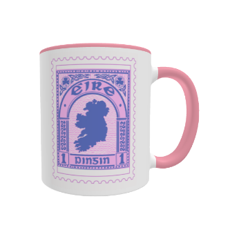 Éire Stamp Mug by Fairly Quare Designs: a vintage-style pink Irish postage stamp design on an 11oz white ceramic mug with a pink handle