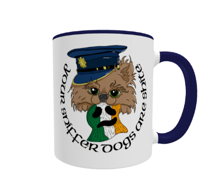 Sniffer Dogs Mug by Fairly Quare Designs: a cheeky Irish sniffer dog design on an 11oz white ceramic mug with a blue handle