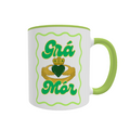 Grá Mór Claddagh Mug by Fairly Quare Designs: a colourful Claddagh with the words Grá Mór, meaning big love in Irish, on an 11oz white ceramic mug with a green handle