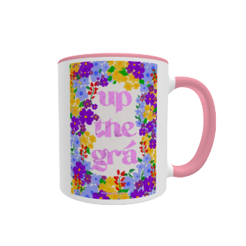 Up the Grá Mug by Fairly Quare Designs: a bright Irish love design on an 11oz white ceramic mug with a purple handle