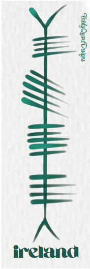 Éire Ogham bookmark by Fairly Quare Designs, reverse showing the English translation, Ireland, in Ogham