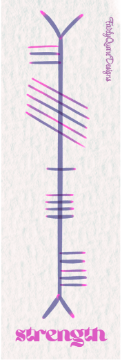 Neart Ogham bookmark by Fairly Quare Designs, reverse showing the English translation, Strength, in Ogham