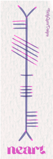Neart Ogham bookmark by Fairly Quare Designs, front showing Neart, the Irish word for strength, written in Ogham