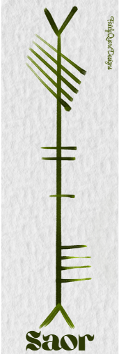 Saor Ogham bookmark by Fairly Quare Designs, front showing Saor, the Irish word for free, written in Ogham