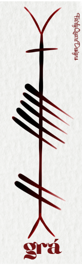 Grá Ogham bookmark by Fairly Quare Designs, reverse showing the English translation, Love, in Ogham