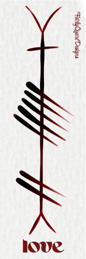 Grá Ogham bookmark by Fairly Quare Designs, front showing Grá, the Irish word for love, written in Ogham