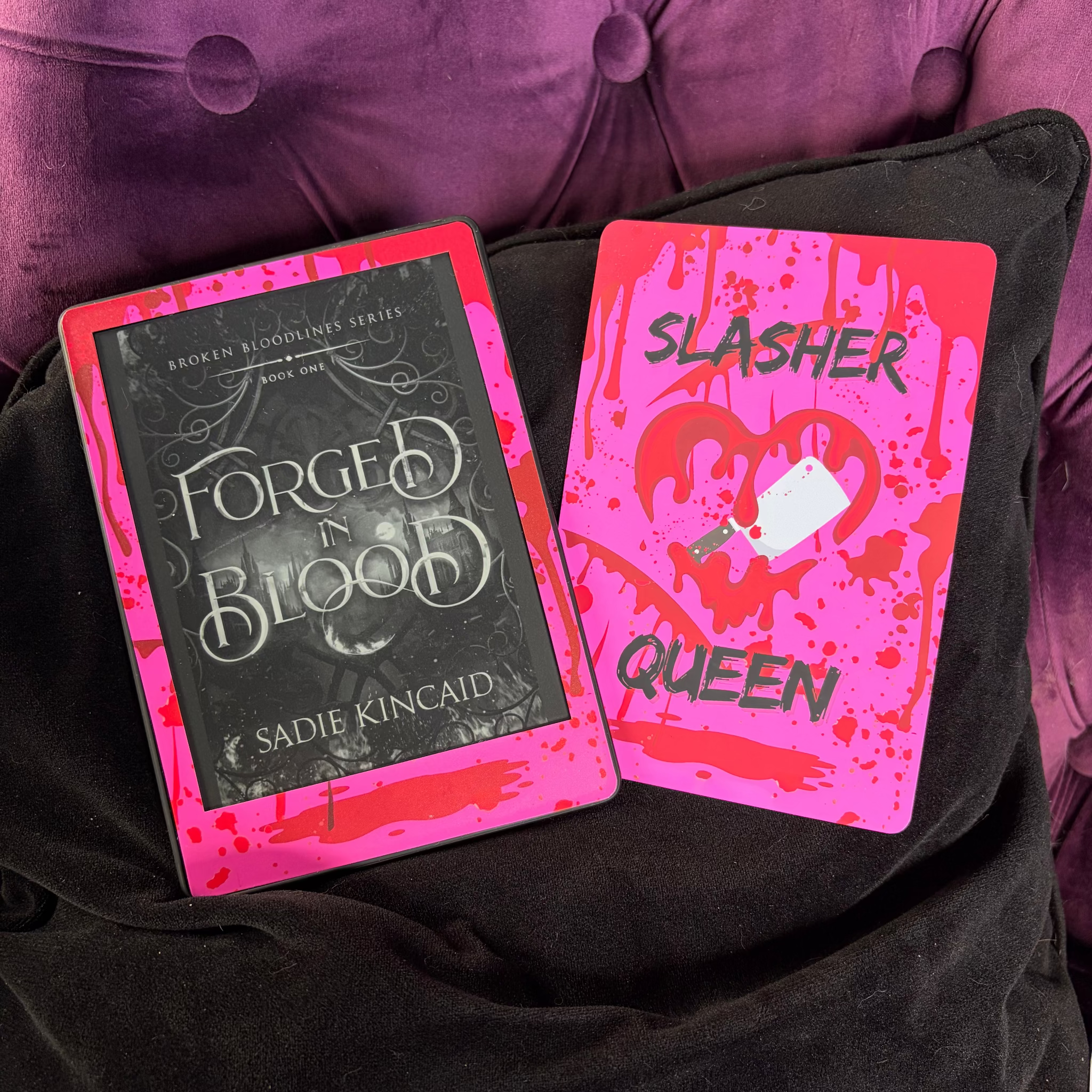 Slasher Queen, Vinyl Kindle Skin. Red and Pink, horror movie fan skin.  Made to order. Made to fit your specific model. Matte laminate, anti scratch. Easy to install. Easy to remove. pink, red, blood, horror with matching backing insert
