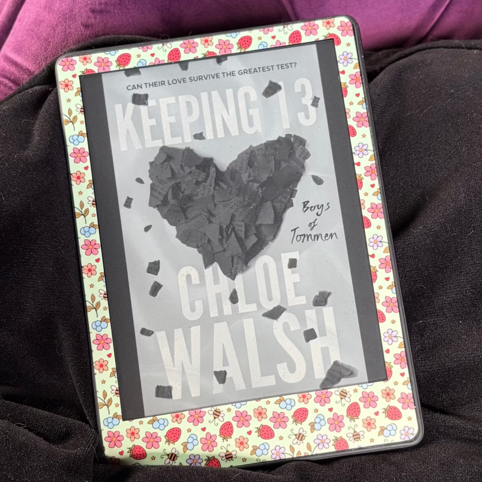 Strawberry Meadow removable front Kindle skin with pink flowers, strawberries, blueberries and little bees on a pale mint background
