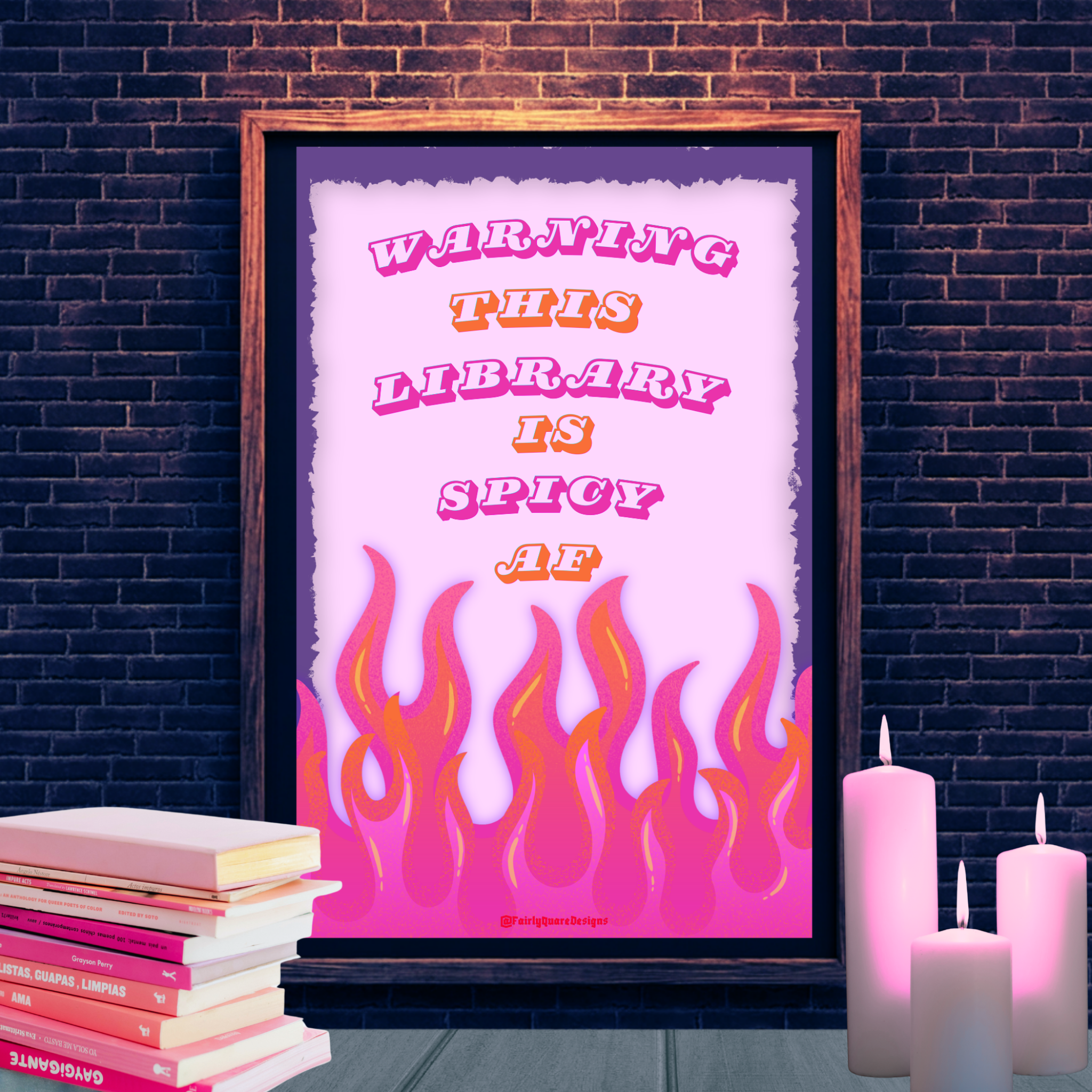 This Library is Spicy, Print, pink, red and yellow flames, retro, cowboy, early 00's, y2k, graphic library print, dark romance and spicy bookish