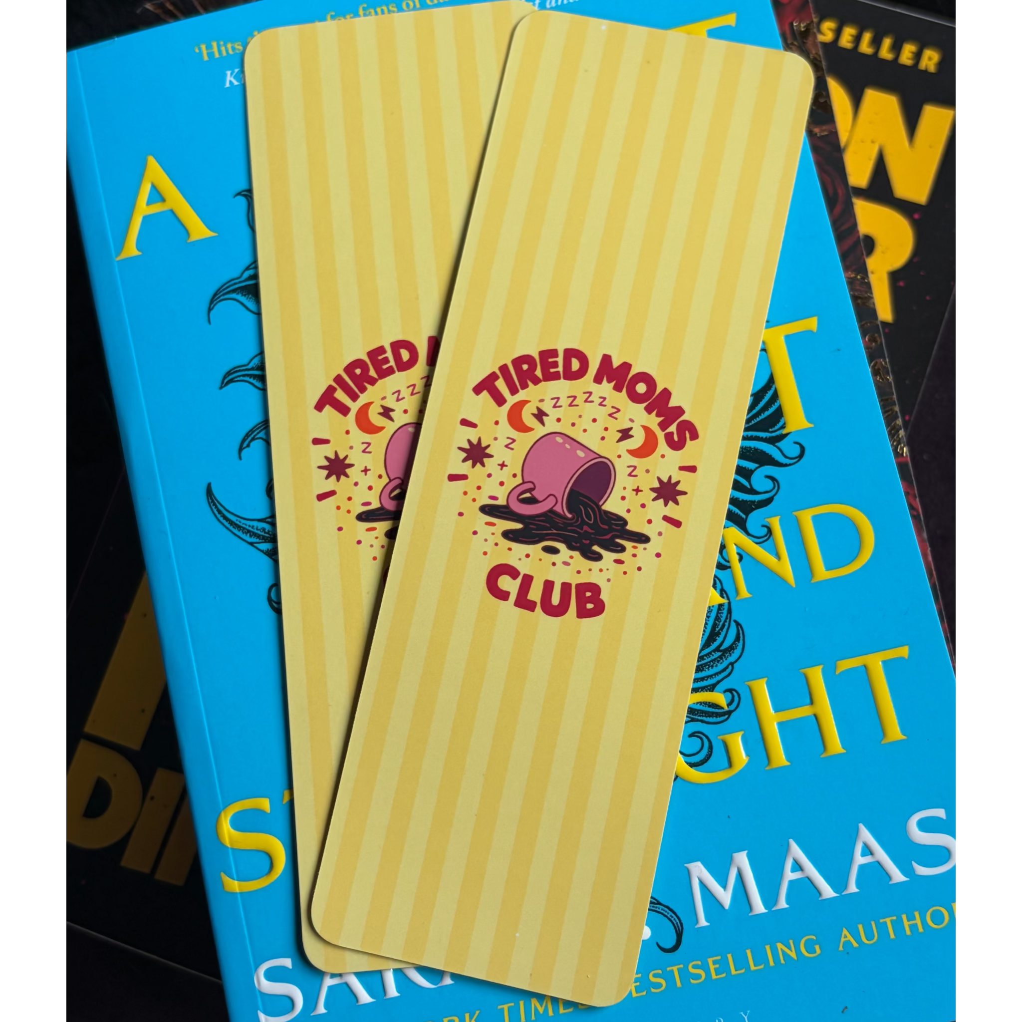 Tired Mums Club, Standard Bookmark, yellow stripes, coffee mug. pink, red