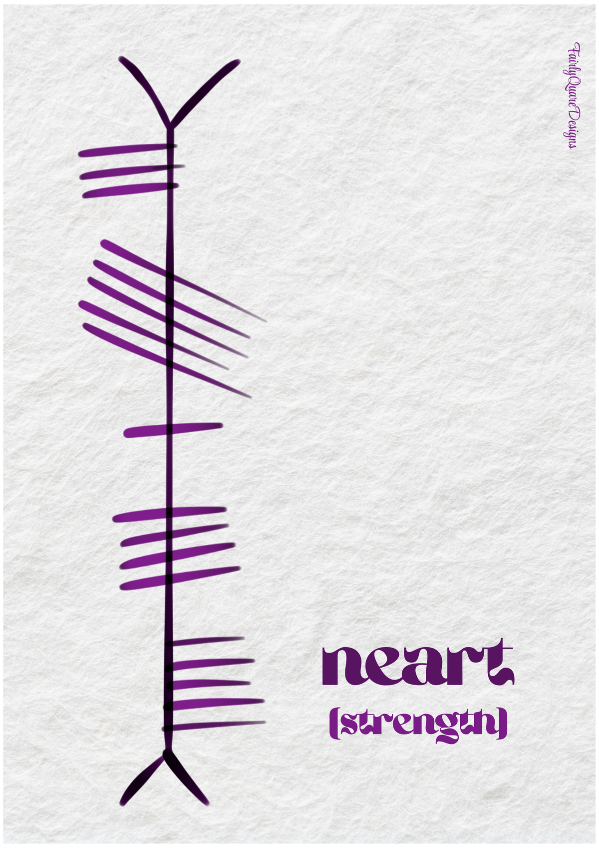 Neart, the Irish word for strength, written in Ogham on an Irish wall print by Fairly Quare Designs