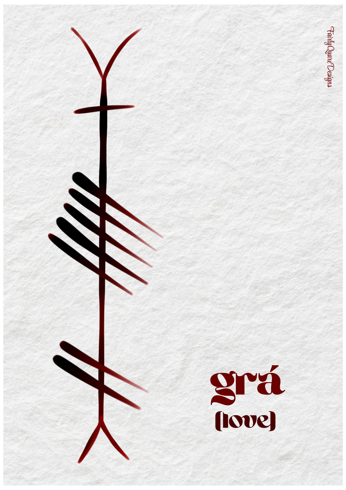 Grá, the Irish word for love, written in Ogham on an Irish wall print by Fairly Quare Designs