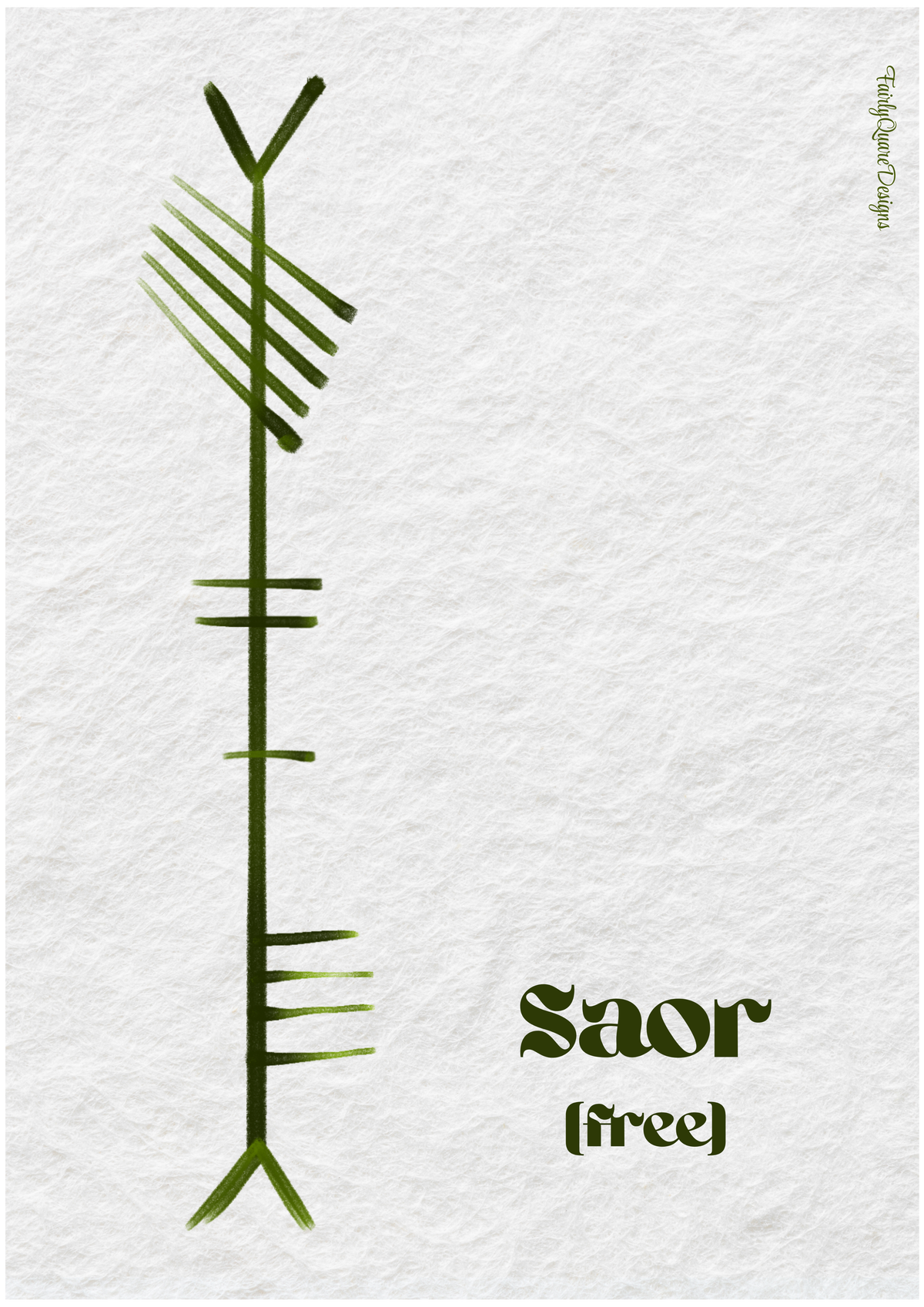 Saor, the Irish word for free, written in Ogham on an Irish wall print by Fairly Quare Designs